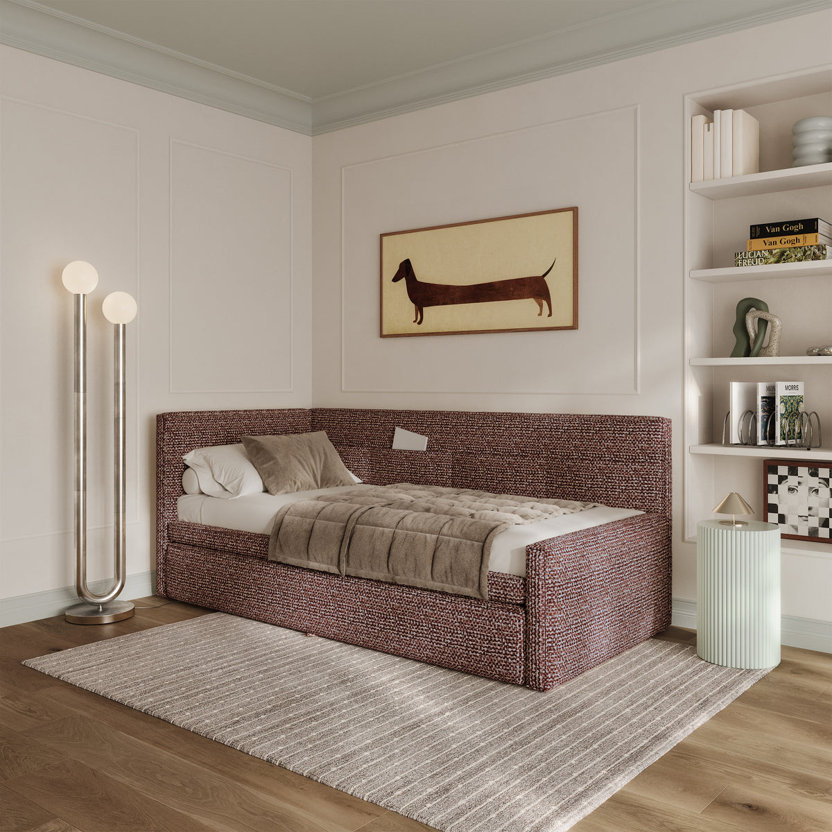 Jugendbett 90x200 cm Nesmi linksseitig mit Stauraum braunes Geflecht