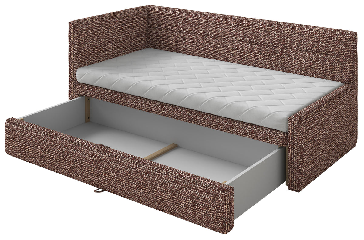 Jugendbett 90x200 cm Nesmi linksseitig mit Stauraum braunes Geflecht