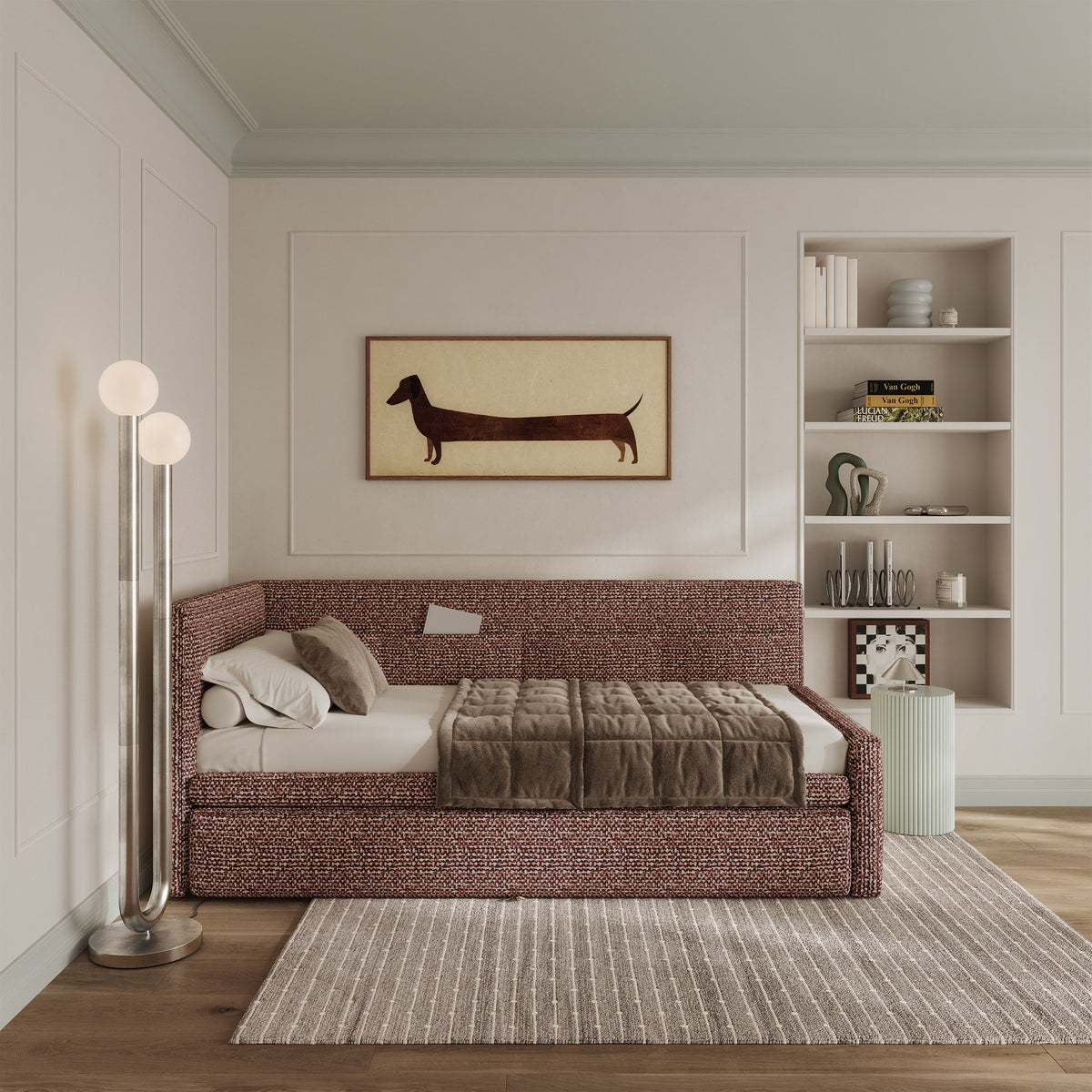 Jugendbett 90x200 cm Nesmi linksseitig mit Stauraum braunes Geflecht