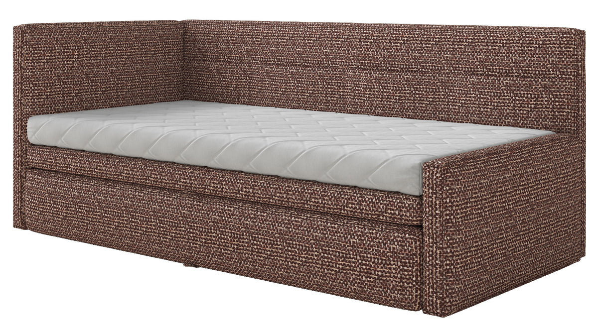 Jugendbett 90x200 cm Nesmi linksseitig mit Stauraum braunes Geflecht