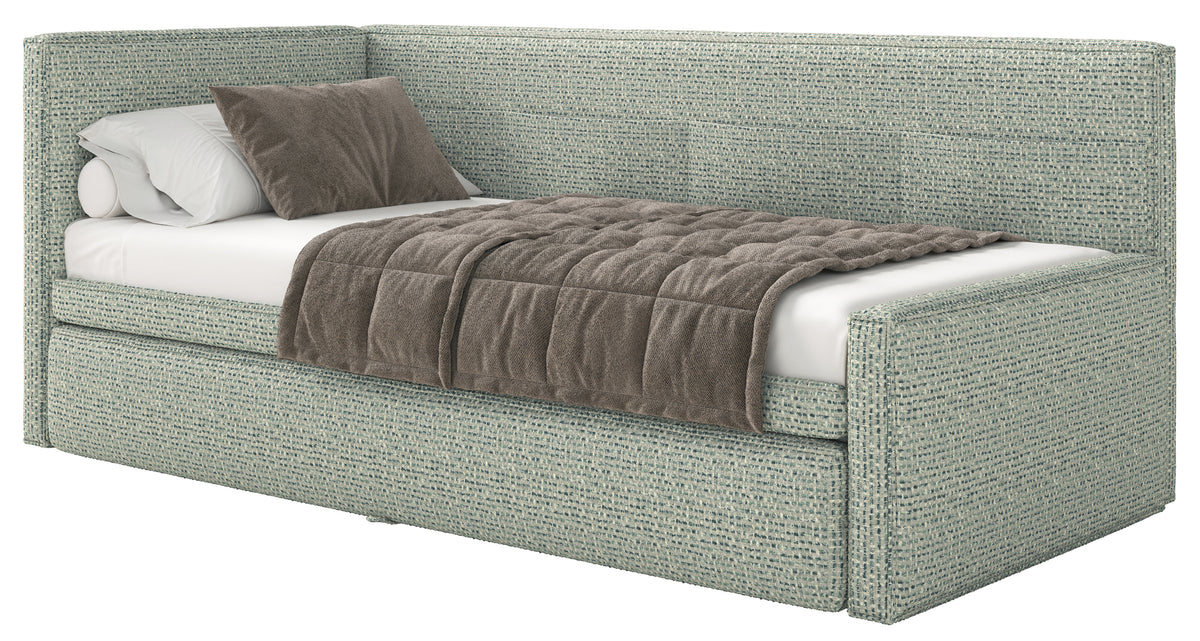Jugendbett 90x200 cm Nesmi links mit Stauraum Salbeigrün Geflecht