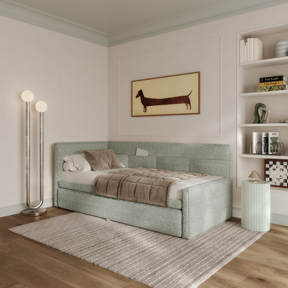 Jugendbett 90x200 cm Nesmi links mit Stauraum Salbeigrün Geflecht
