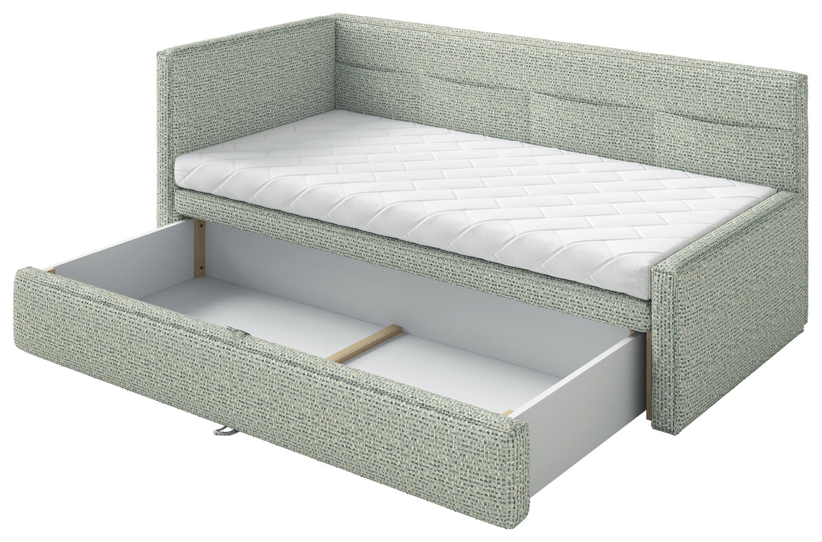 Jugendbett 90x200 cm Nesmi links mit Stauraum Salbeigrün Geflecht