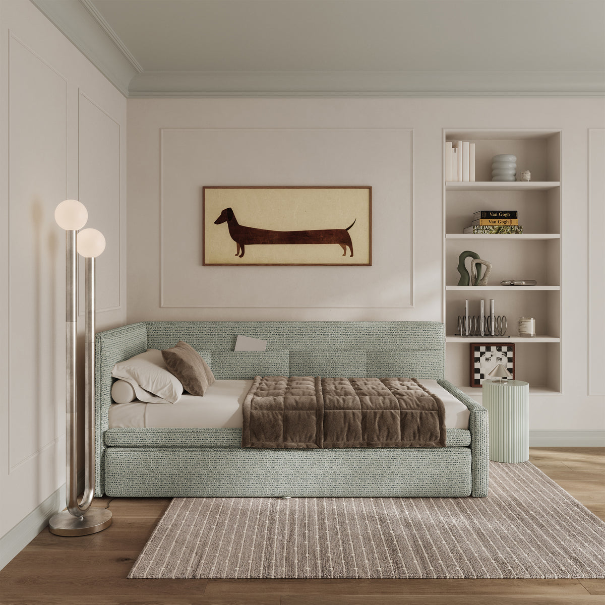 Jugendbett 90x200 cm Nesmi links mit Stauraum Salbeigrün Geflecht