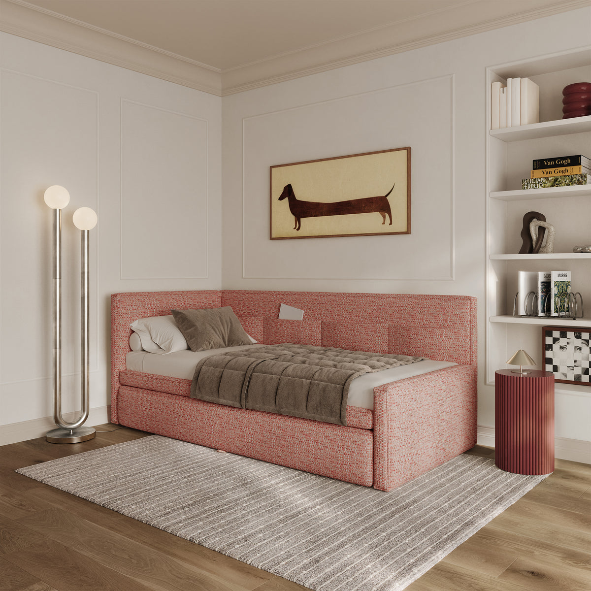Jugendbett 90x200 cm Nesmi linksseitig mit Stauraum rosa Flechtmuster