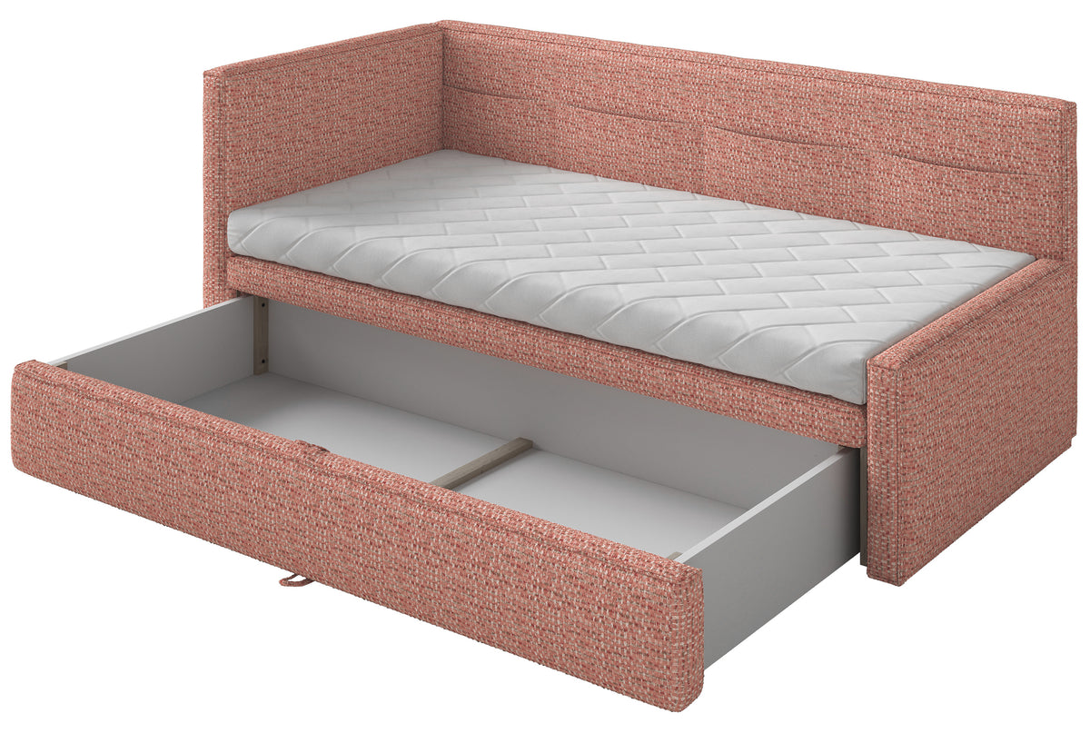 Jugendbett 90x200 cm Nesmi linksseitig mit Stauraum rosa Flechtmuster