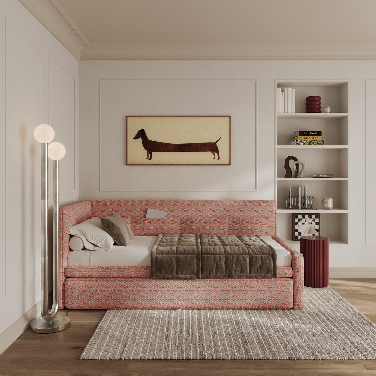 Jugendbett 90x200 cm Nesmi linksseitig mit Stauraum rosa Flechtmuster