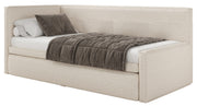 Jugendbett 90x200 cm Nesmi links mit Stauraum hellbeige Geflecht