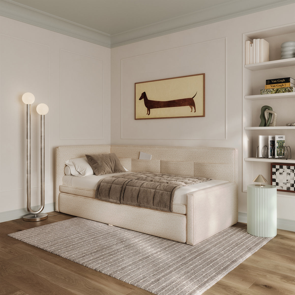 Jugendbett 90x200 cm Nesmi links mit Stauraum hellbeige Geflecht
