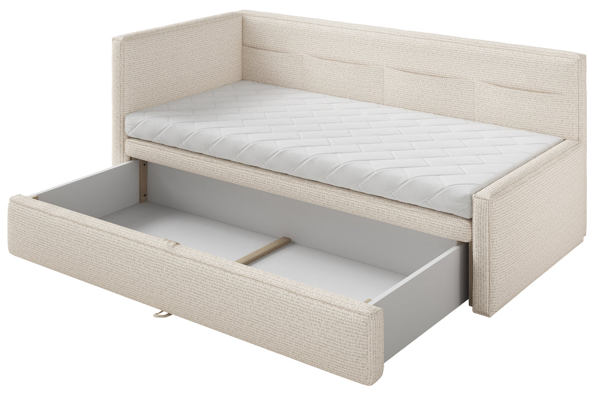 Jugendbett 90x200 cm Nesmi links mit Stauraum hellbeige Geflecht