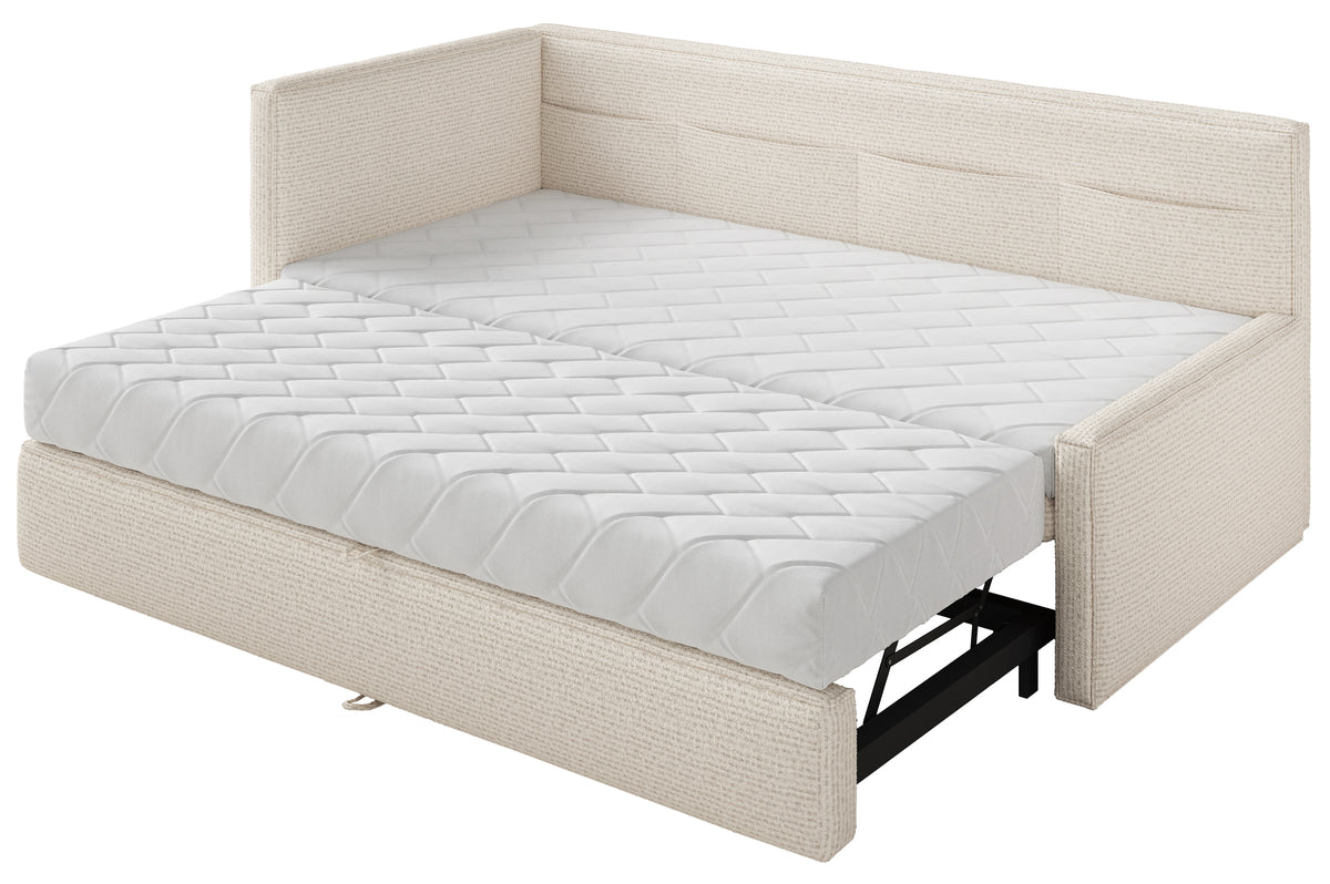 Jugendbett 90x200 cm Nesmi, links ausziehbar, mit Matratzen, hellbeige Flechtmuster