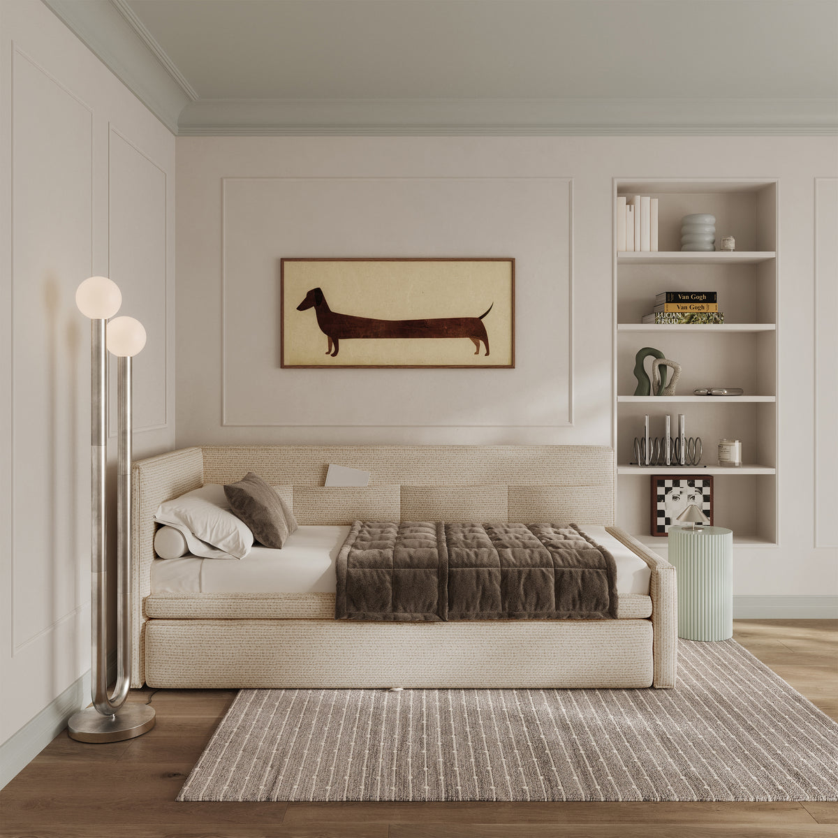 Jugendbett 90x200 cm Nesmi links mit Stauraum hellbeige Geflecht
