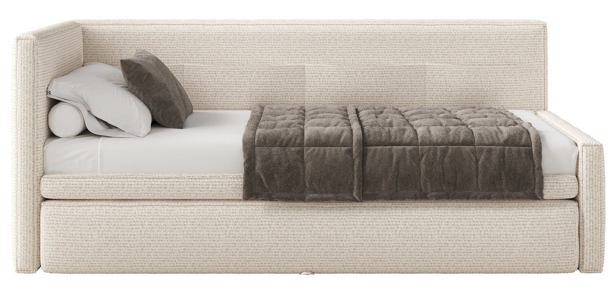Jugendbett 90x200 cm Nesmi links mit Stauraum hellbeige Geflecht