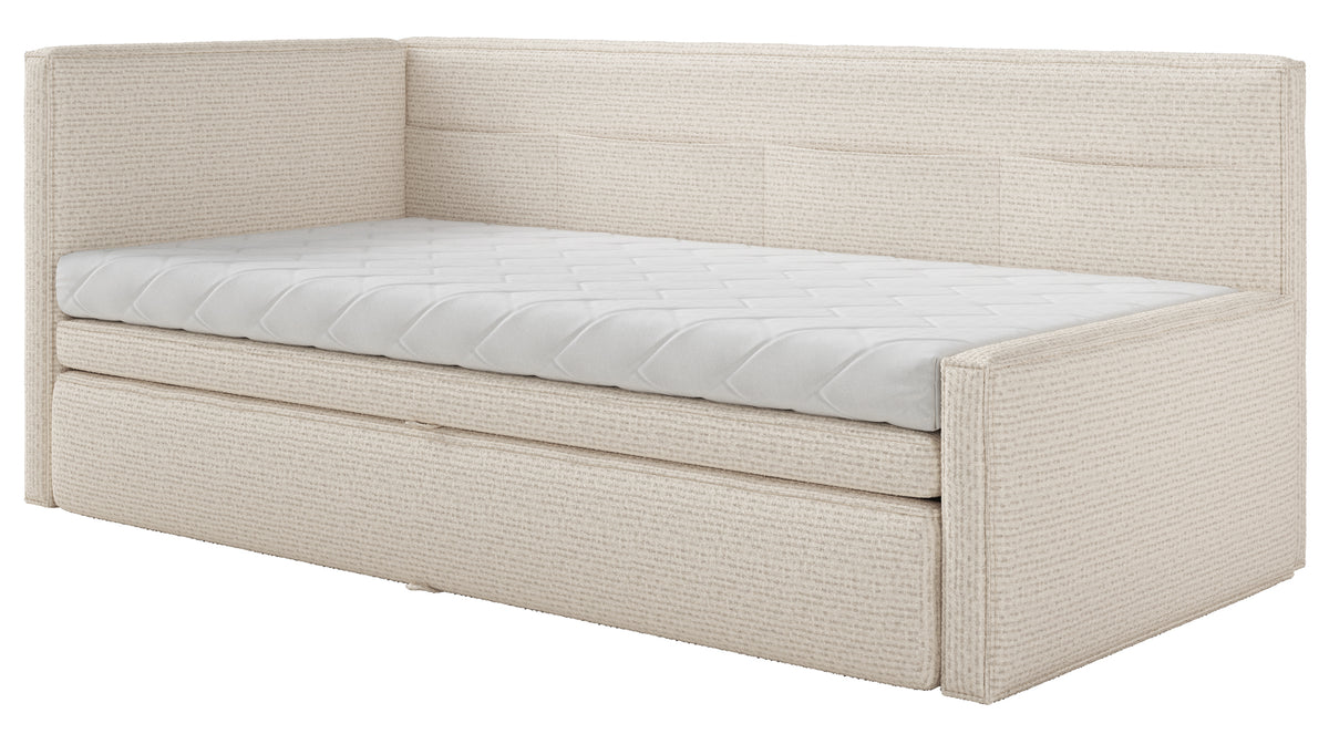 Jugendbett 90x200 cm Nesmi links mit Stauraum hellbeige Geflecht