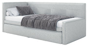 Jugendbett 90x200 cm Nesmi links mit Matratze und Stauraum hellblau Flechtmuster