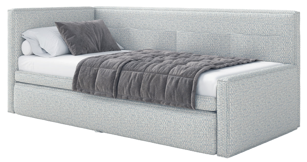 Jugendbett 90x200 cm Nesmi links mit Matratze und Stauraum hellblau Flechtmuster