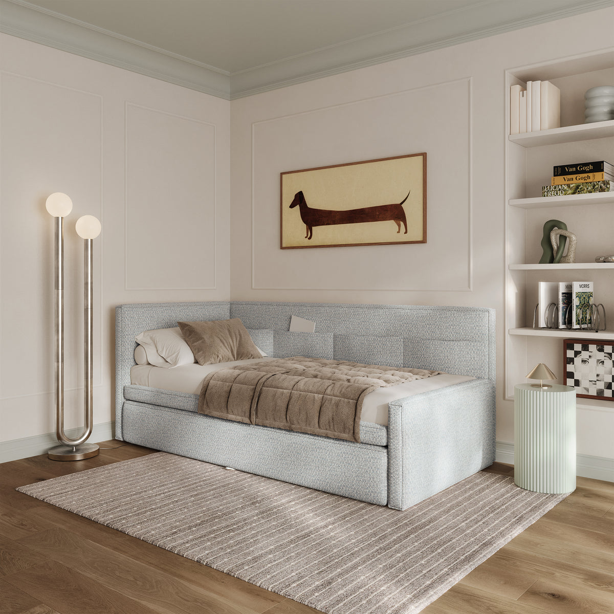 Jugendbett 90x200 cm Nesmi links mit Matratze und Stauraum hellblau Flechtmuster