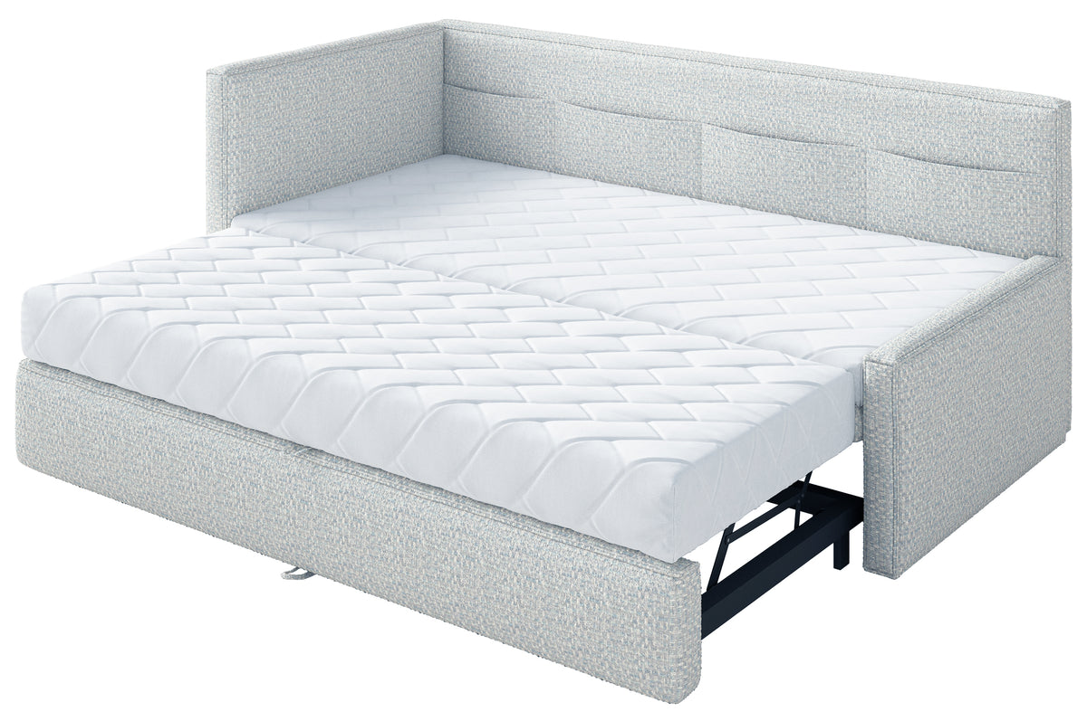 Jugendbett 90x200 cm Nesmi, links ausziehbar, mit Matratzen, hellblaue Flechtung