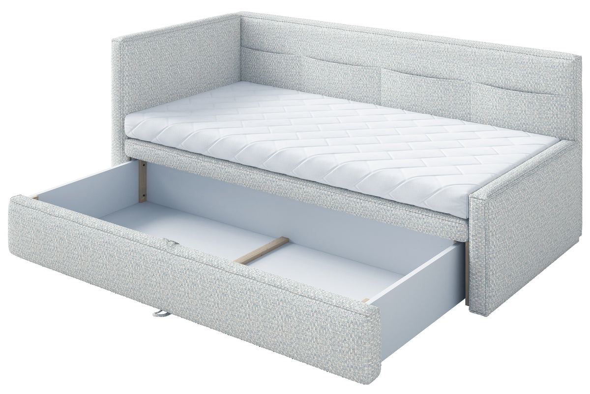 Jugendbett 90x200 cm Nesmi links mit Matratze und Stauraum hellblau Flechtmuster