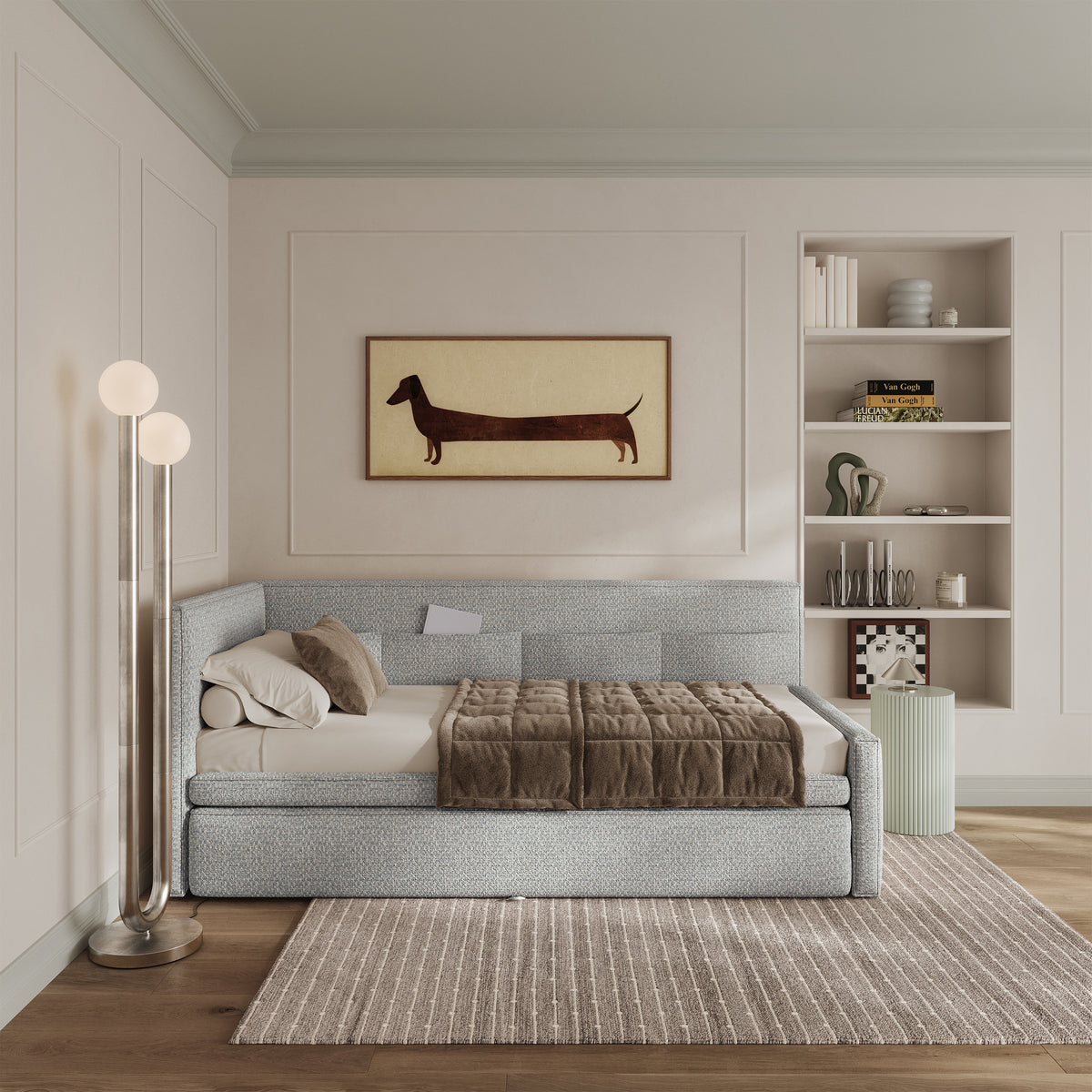 Jugendbett 90x200 cm Nesmi links mit Matratze und Stauraum hellblau Flechtmuster