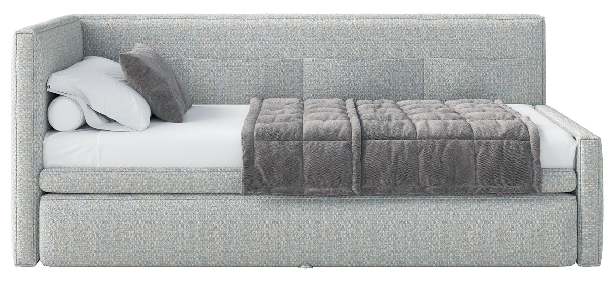 Jugendbett 90x200 cm Nesmi links mit Matratze und Stauraum hellblau Flechtmuster