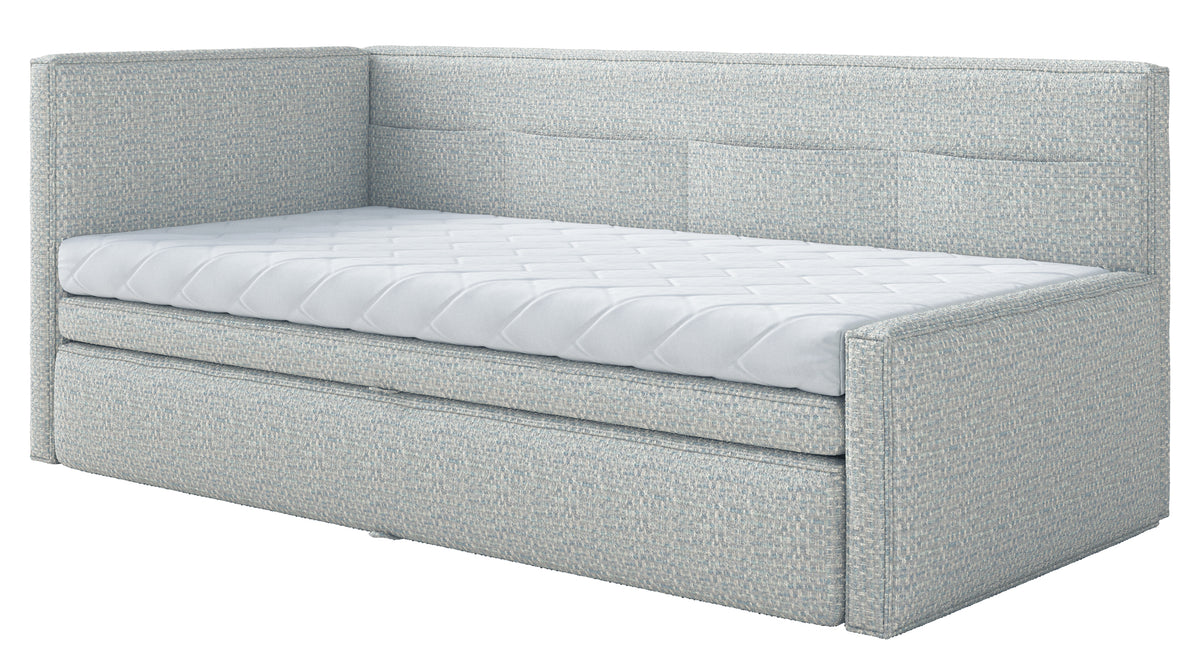 Jugendbett 90x200 cm Nesmi links mit Matratze und Stauraum hellblau Flechtmuster