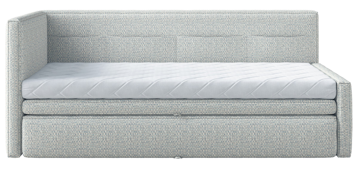 Jugendbett 90x200 cm Nesmi links mit Matratze und Stauraum hellblau Flechtmuster