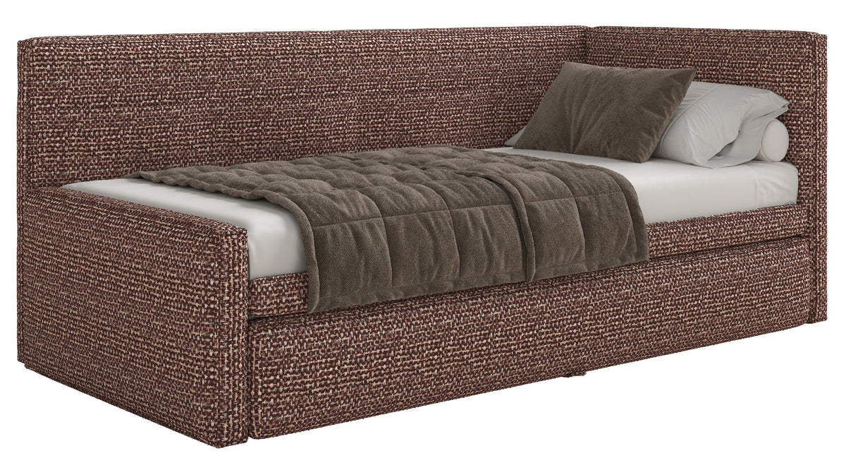 Jugendbett 90x200 cm Nesmi linksseitig mit Stauraum braunes Geflecht