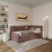 Jugendbett 90x200 cm Nesmi rechtsseitig mit Matratze und Stauraum, braunes Geflecht