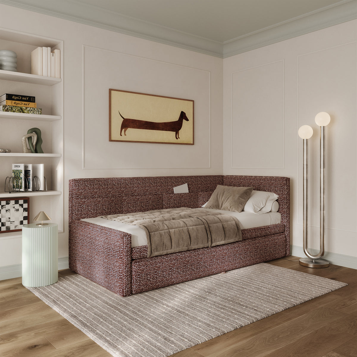 Jugendbett 90x200 cm Nesmi rechtsseitig mit Matratze und Stauraum, braunes Geflecht