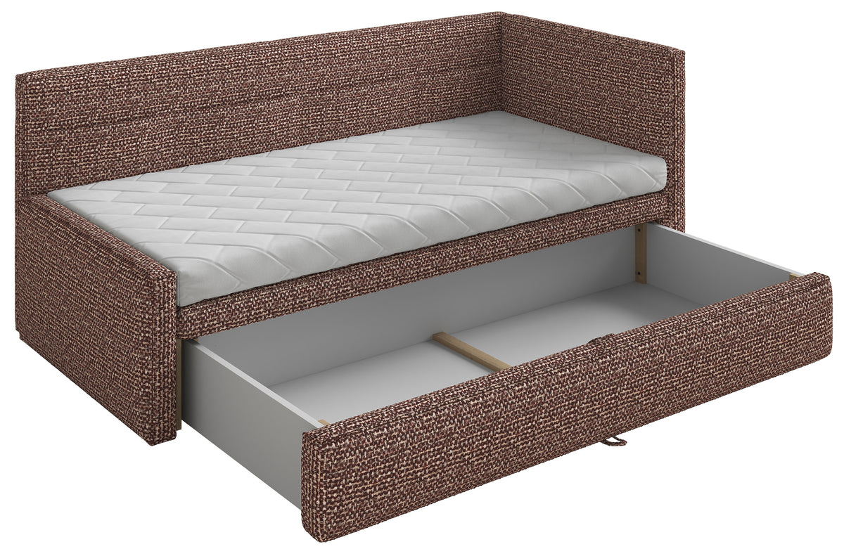 Jugendbett 90x200 cm Nesmi rechtsseitig mit Matratze und Stauraum, braunes Geflecht