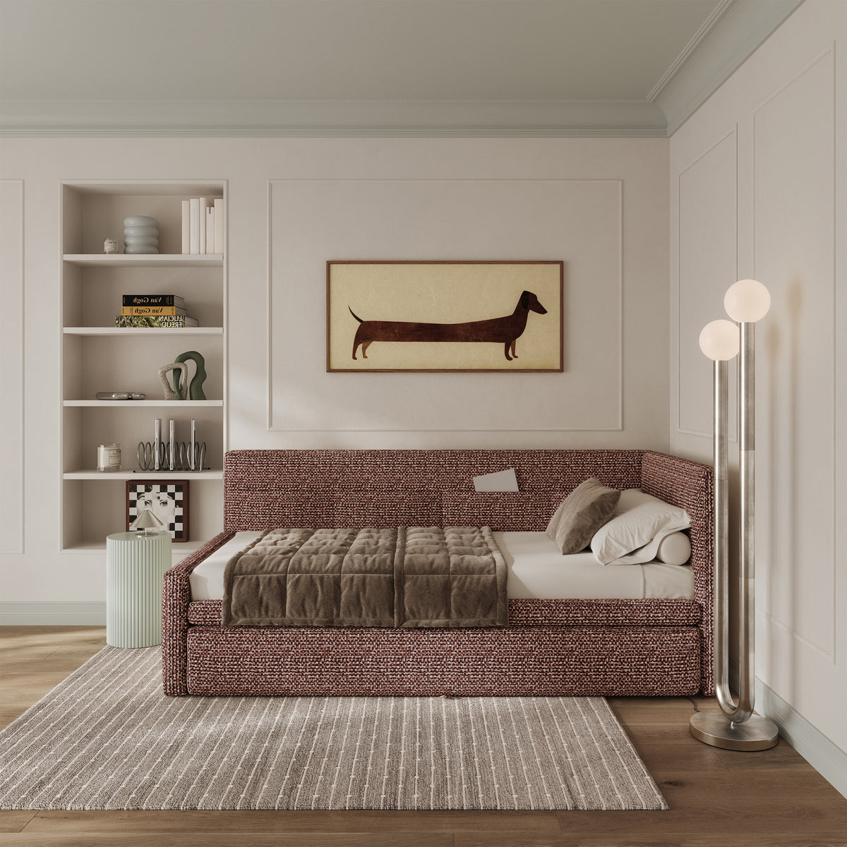 Jugendbett 90x200 cm Nesmi rechtsseitig mit Matratze und Stauraum, braunes Geflecht