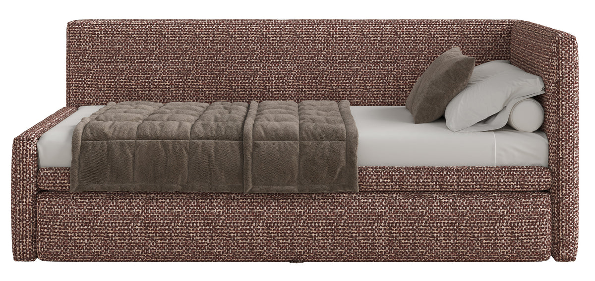 Jugendbett 90x200 cm Nesmi rechtsseitig mit Matratze und Stauraum, braunes Geflecht