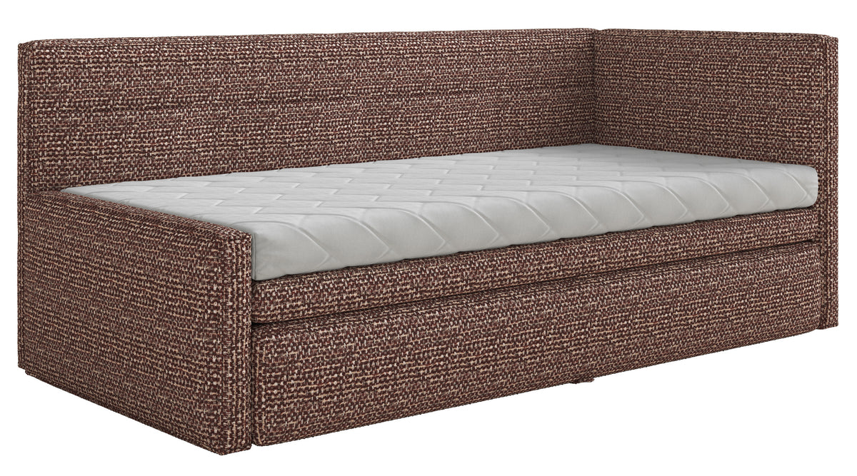 Jugendbett 90x200 cm Nesmi rechtsseitig mit Matratze und Stauraum, braunes Geflecht