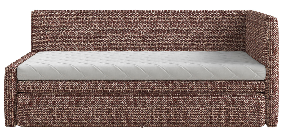 Jugendbett 90x200 cm Nesmi rechtsseitig mit Matratze und Stauraum, braunes Geflecht