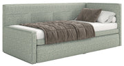 Jugendbett 90x200 cm Nesmi rechtsseitig mit Stauraum salbeigrünes Geflecht