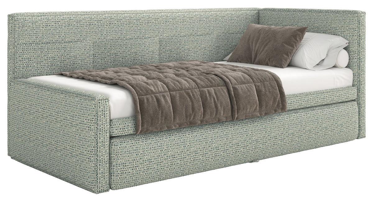 Jugendbett 90x200 cm Nesmi rechtsseitig mit Stauraum salbeigrünes Geflecht