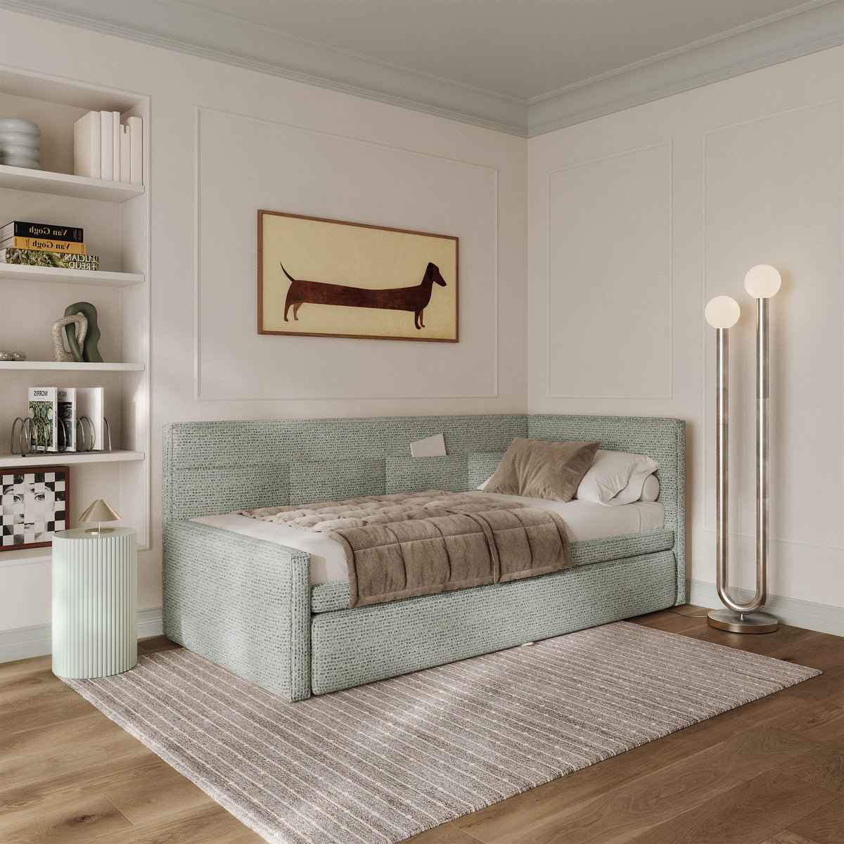 Jugendbett 90x200 cm Nesmi rechtsseitig mit Stauraum salbeigrünes Geflecht