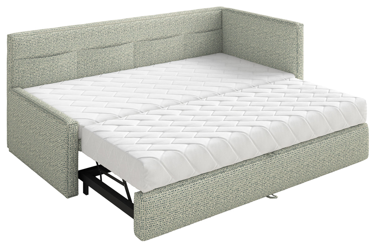 Jugendbett 90x200 cm Nesmi, ausziehbar, rechtsseitig, mit Matratzen in Salbeigrün Flechtoptik