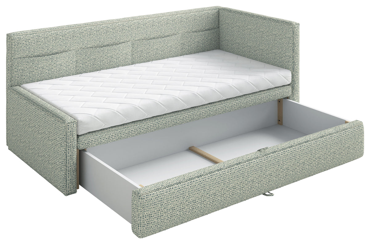 Jugendbett 90x200 cm Nesmi rechtsseitig mit Stauraum salbeigrünes Geflecht