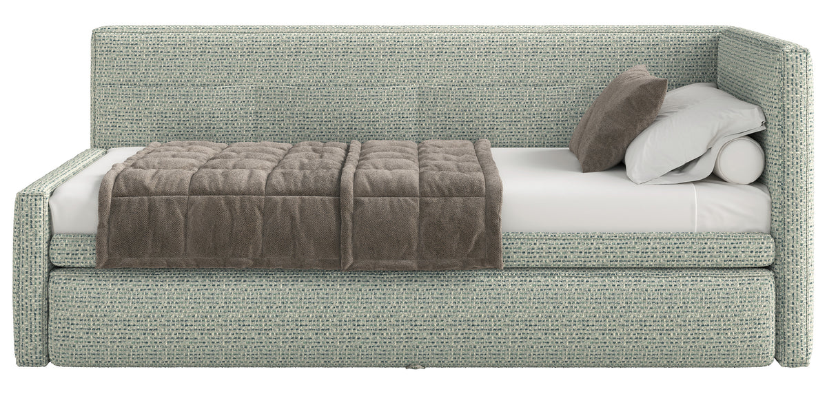 Jugendbett 90x200 cm Nesmi rechtsseitig mit Stauraum salbeigrünes Geflecht