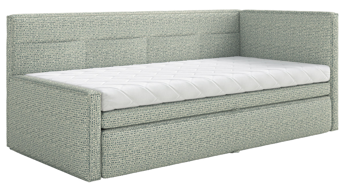 Jugendbett 90x200 cm Nesmi rechtsseitig mit Stauraum salbeigrünes Geflecht