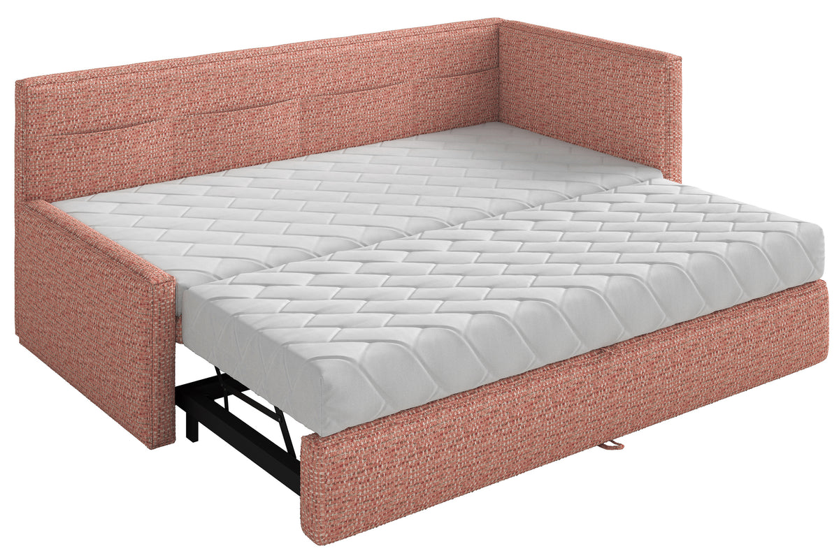 Jugendbett 90x200 cm Nesmi, ausziehbar, rechtsseitig, mit Matratzen, rosa Flechtmuster