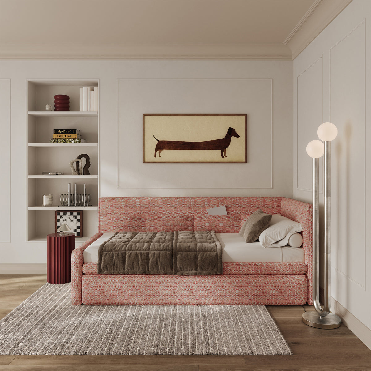 Jugendbett 90x200 cm Nesmi rechtsseitig mit Stauraum rosa Flechtmuster