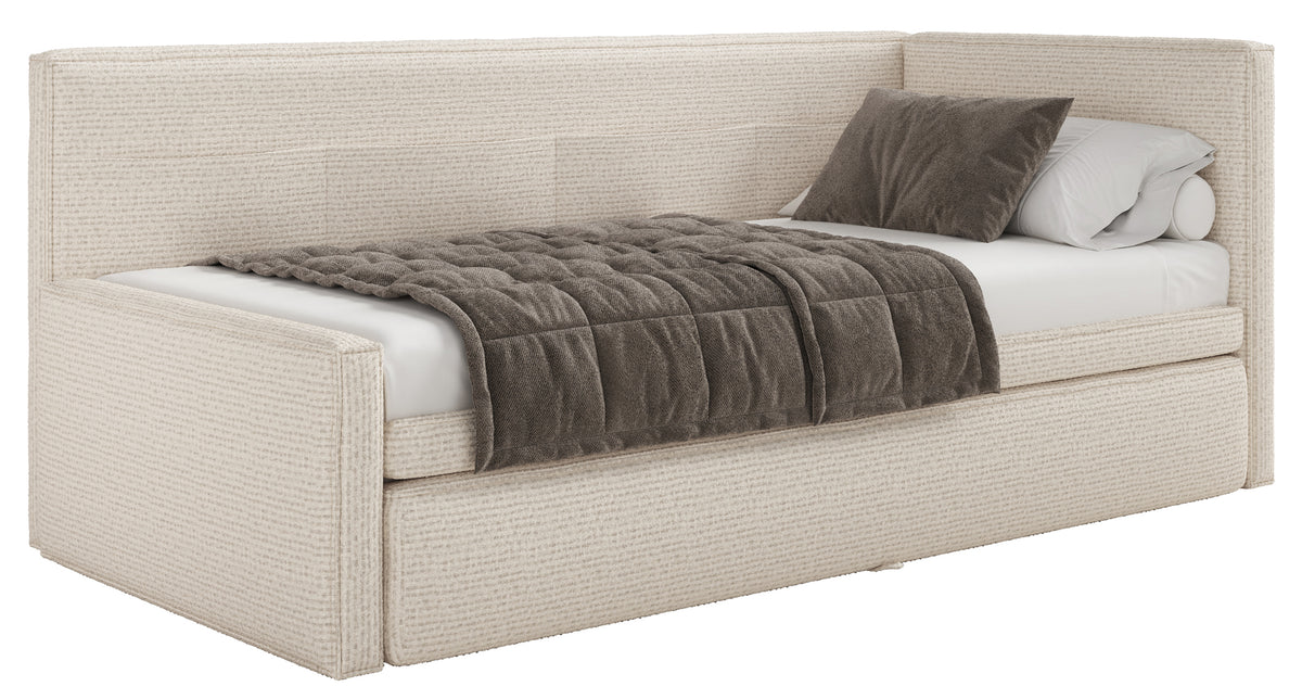 Jugendbett 90x200 cm Nesmi links mit Stauraum hellbeige Geflecht