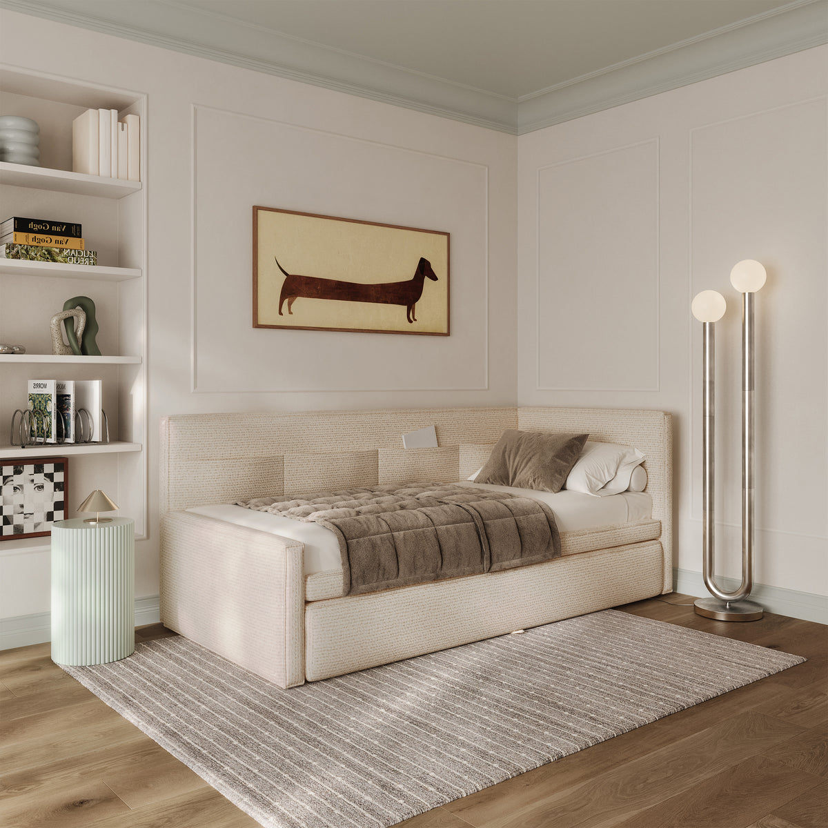 Jugendbett 90x200 cm Nesmi rechtsseitig mit Stauraum hellbeige Flechtoptik