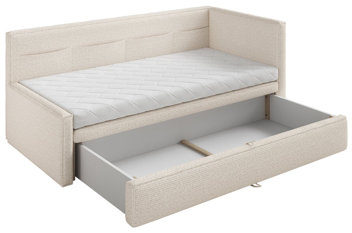Jugendbett 90x200 cm Nesmi rechtsseitig mit Stauraum hellbeige Flechtoptik