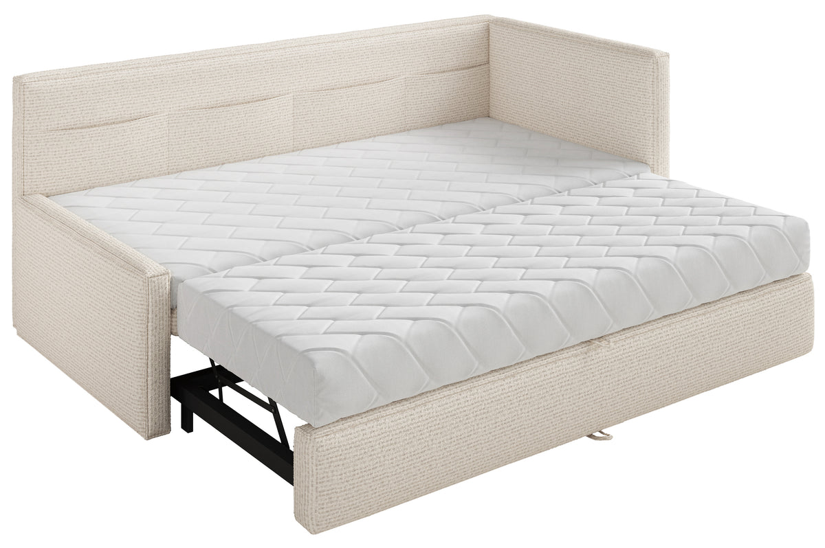 Jugendbett 90x200 cm Nesmi, rechts ausziehbar, mit Matratzen, hellbeige Flechtoptik