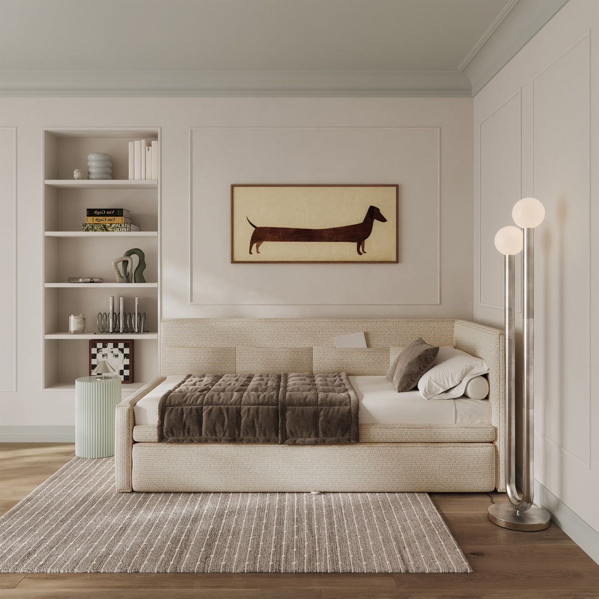 Jugendbett 90x200 cm Nesmi rechtsseitig mit Stauraum hellbeige Flechtoptik