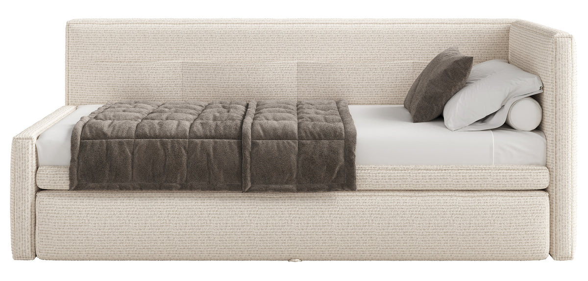 Jugendbett 90x200 cm Nesmi rechtsseitig mit Stauraum hellbeige Flechtoptik